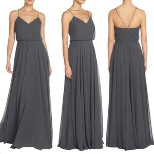 JENNY YOO Inesse Dark Gray Spaghetti Strap Maxi Wedding Bridesmaid Dress Size 6
